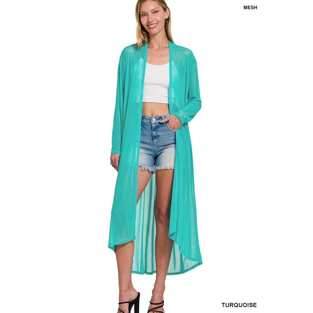 Zenana Mesh Open Front Cardigan - Turquoise - Large